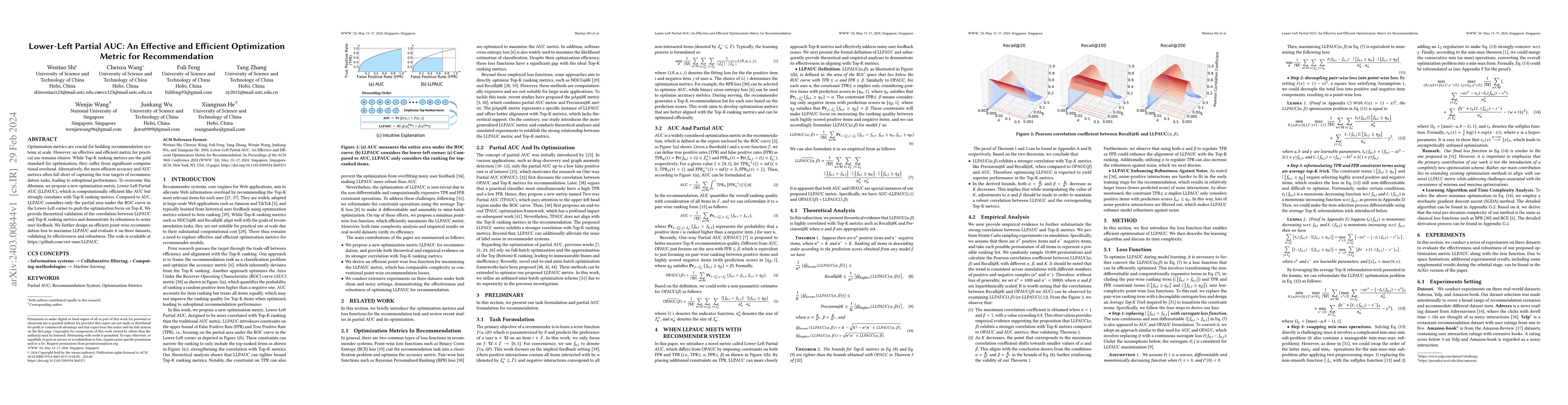 Thumbnail for Lower-Left Partial AUC: An Effective and Efficient Optimization Metric
  for Recommendation