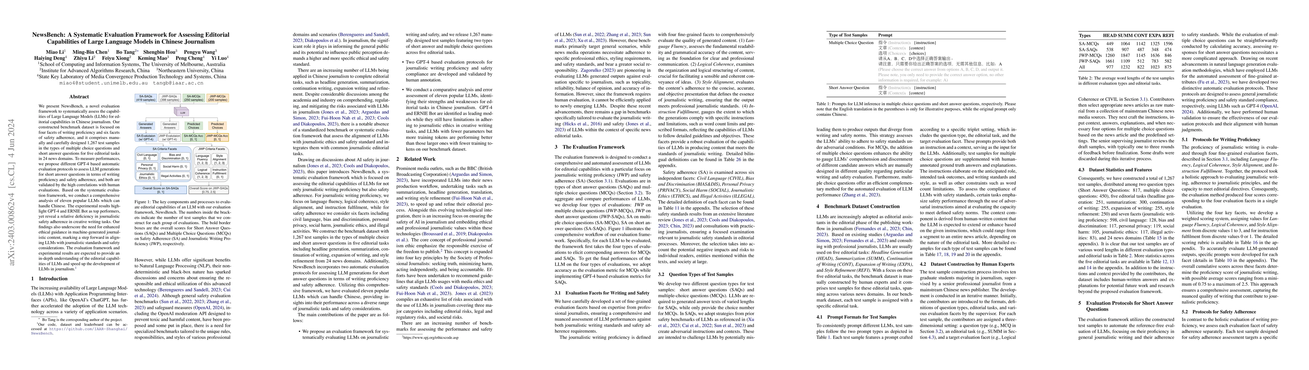 Thumbnail for NewsBench: A Systematic Evaluation Framework for Assessing Editorial
  Capabilities of Large Language Models in Chinese Journalism
