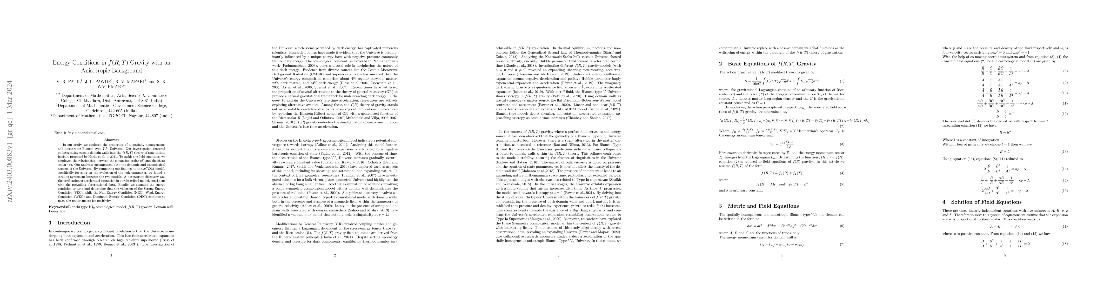 Thumbnail for Energy Conditions in f(R, T) Gravity with an Anisotropic Background