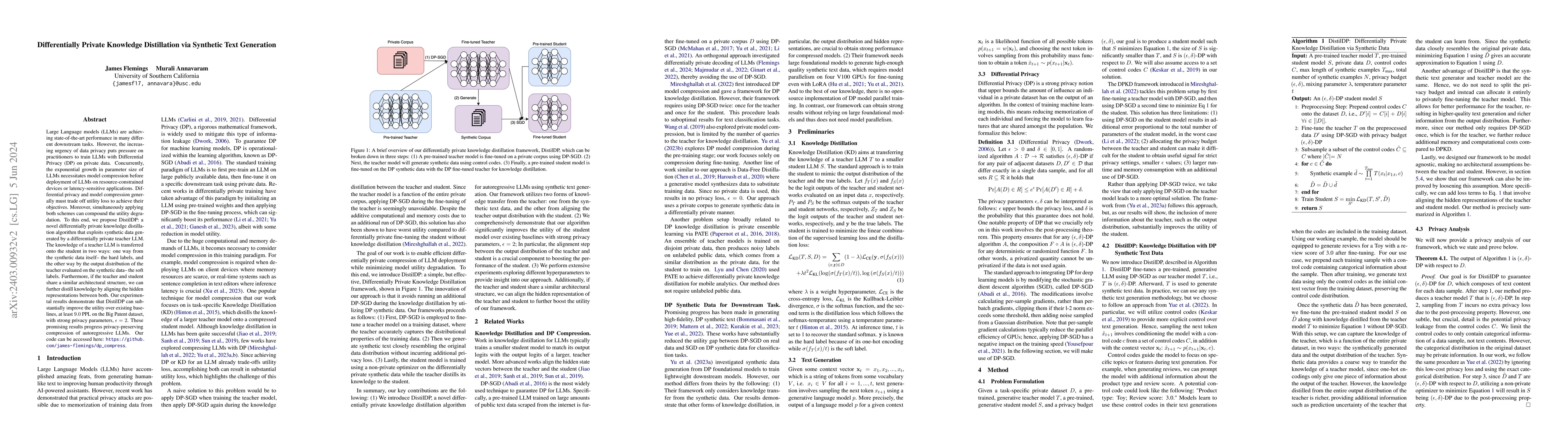 Thumbnail for Differentially Private Knowledge Distillation via Synthetic Text
  Generation