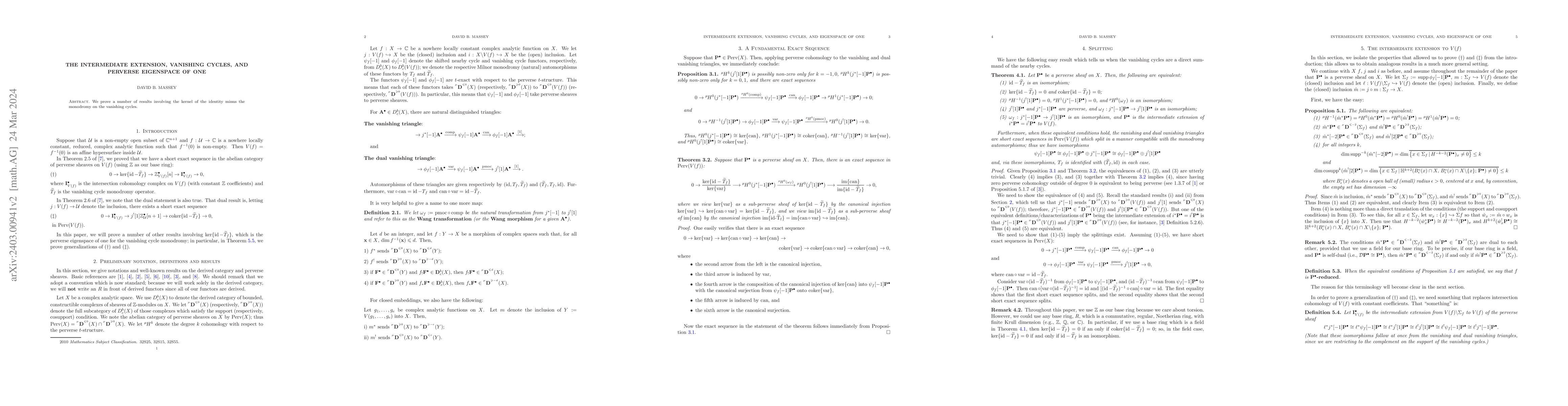 Thumbnail for The Intermediate Extension, Vanishing Cycles, and Perverse Eigenspace of
  One