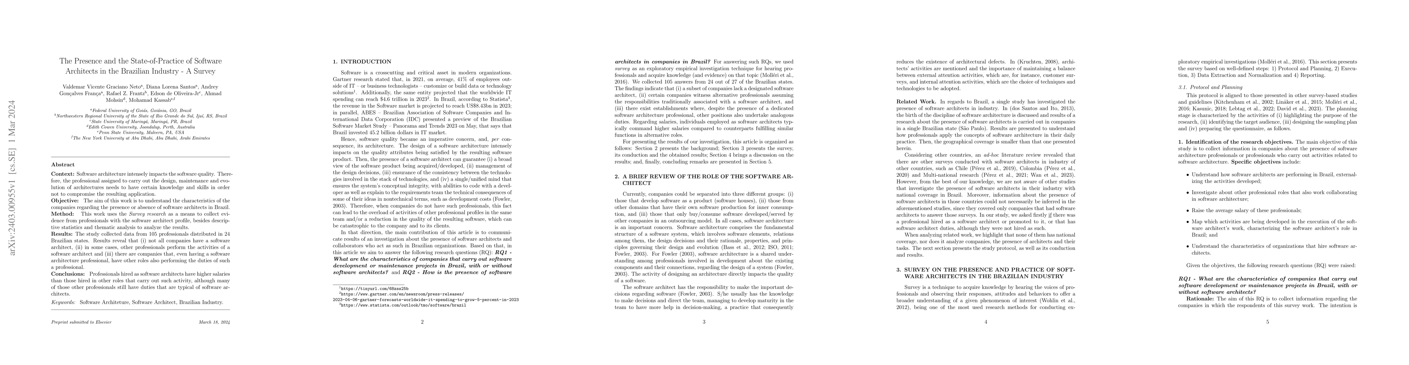 Thumbnail for The Presence and the State-of-Practice of Software Architects in the
  Brazilian Industry -- A Survey