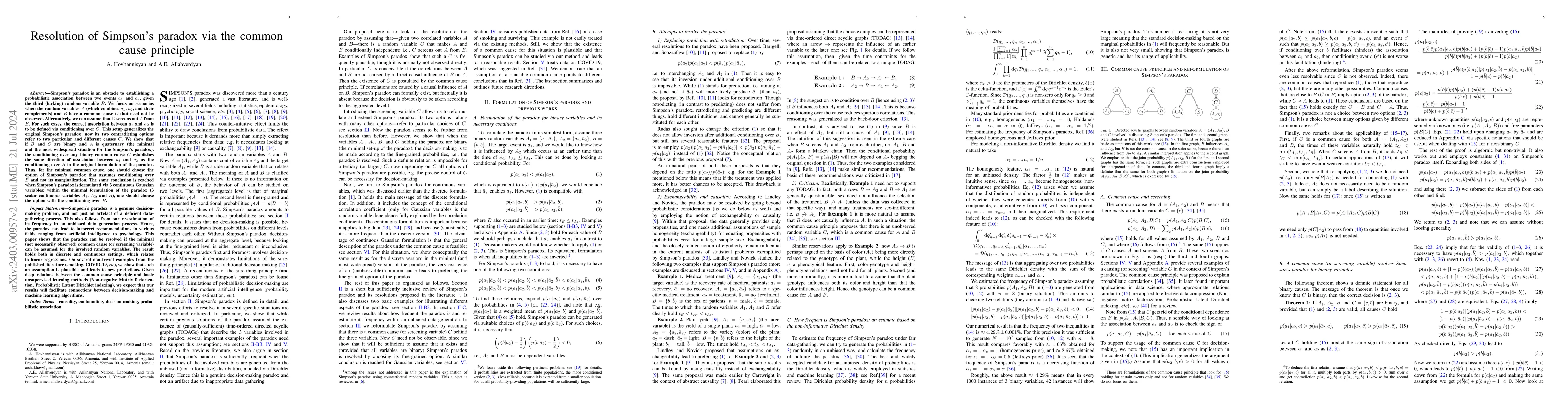 Thumbnail for Resolution of Simpson's paradox via the common cause principle