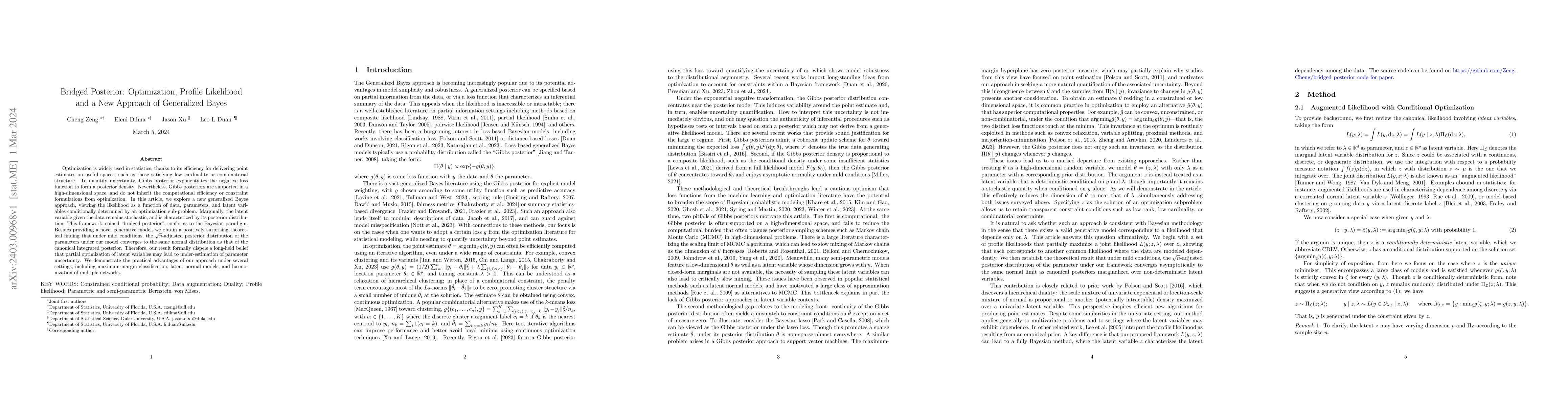 Thumbnail for The Bridged Posterior: Optimization, Profile Likelihood and a New
  Approach to Generalized Bayes