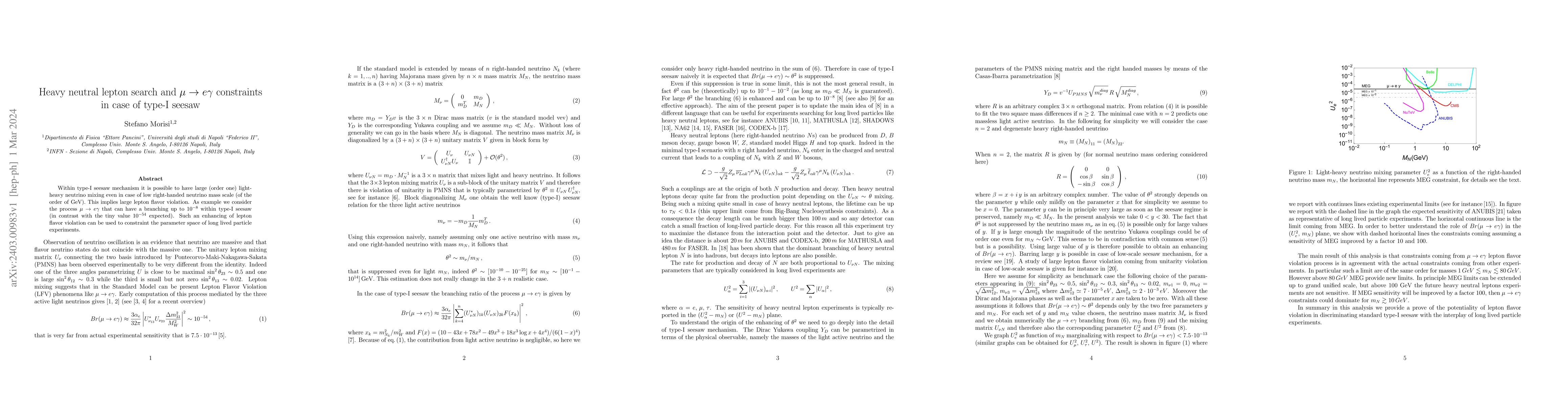 Thumbnail for Heavy neutral lepton search and $\mu \to e \gamma$ constraints in case
  of type-I seesaw