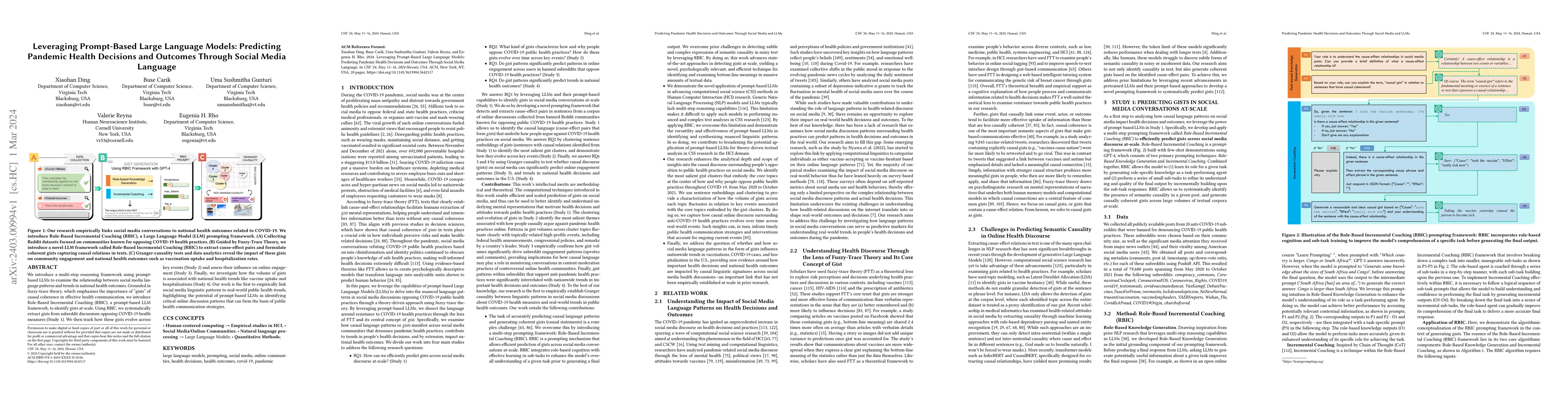 Thumbnail for Leveraging Prompt-Based Large Language Models: Predicting Pandemic
  Health Decisions and Outcomes Through Social Media Language
