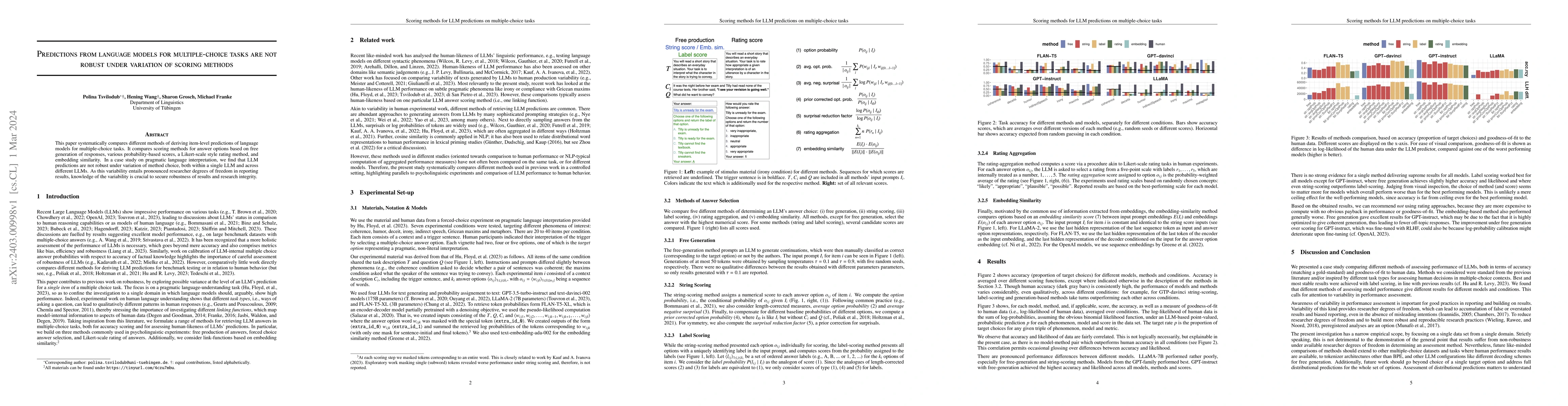 Thumbnail for Predictions from language models for multiple-choice tasks are not
  robust under variation of scoring methods