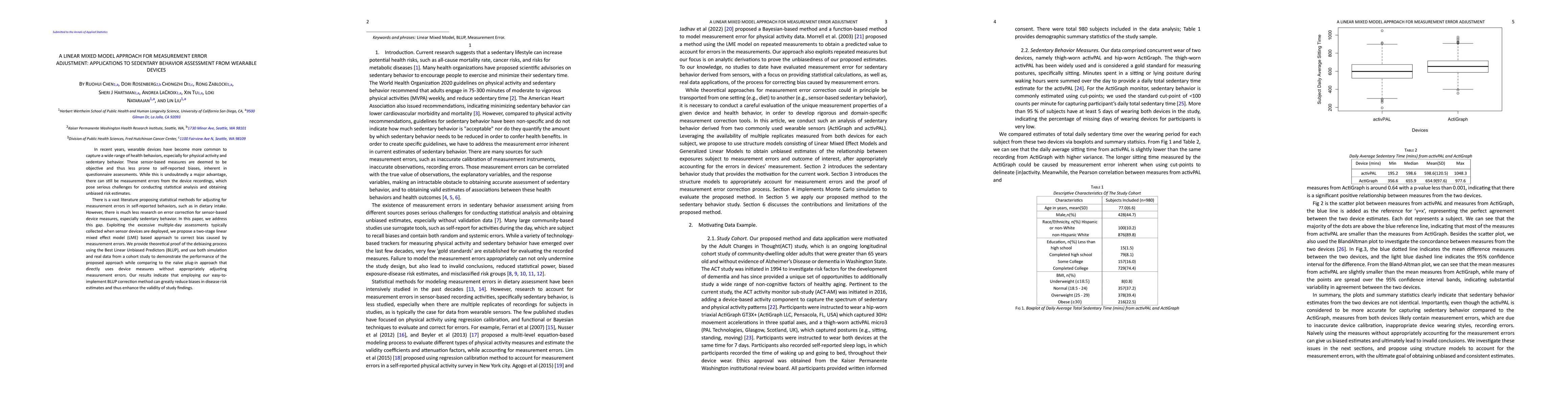 Thumbnail for A linear mixed model approach for measurement error adjustment:
  applications to sedentary behavior assessment from wearable devices
