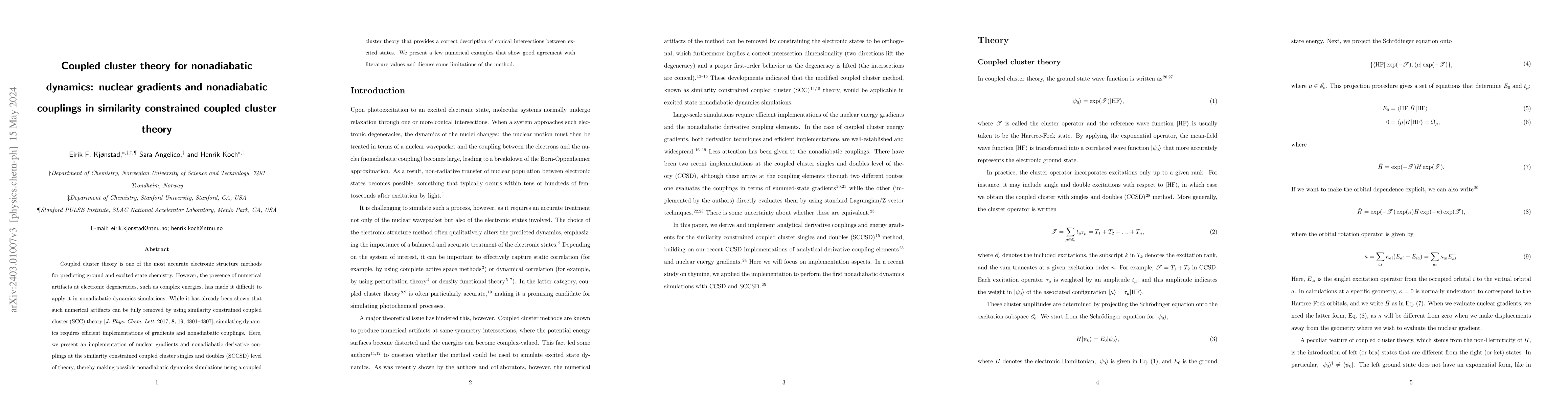 Thumbnail for Coupled cluster theory for nonadiabatic dynamics: nuclear gradients and
  nonadiabatic couplings in similarity constrained coupled cluster theory