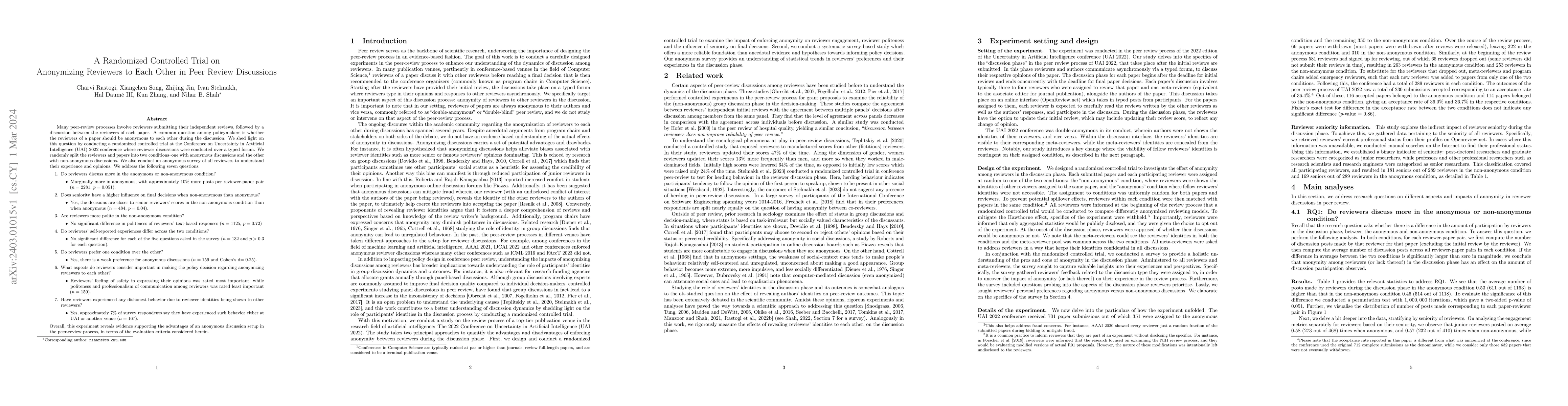 Thumbnail for A Randomized Controlled Trial on Anonymizing Reviewers to Each Other in
  Peer Review Discussions