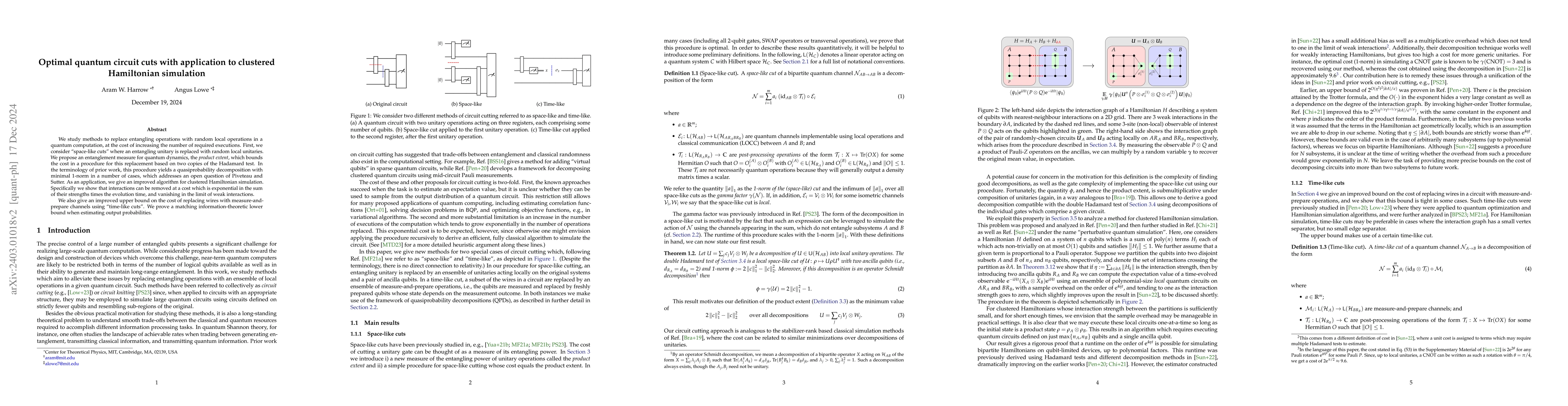 Thumbnail for Optimal quantum circuit cuts with application to clustered Hamiltonian
  simulation