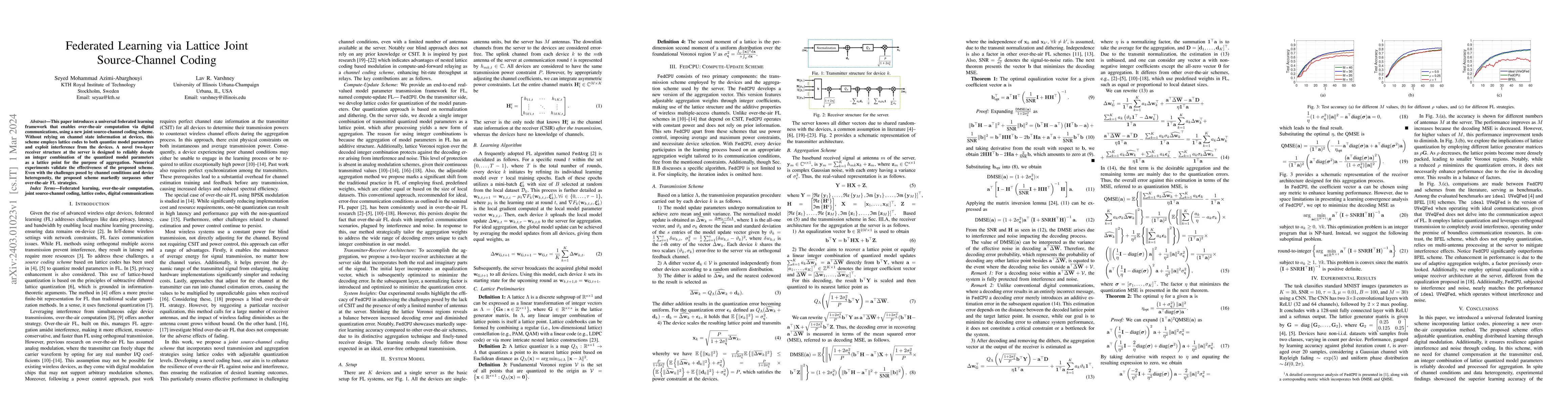 Thumbnail for Federated Learning via Lattice Joint Source-Channel Coding