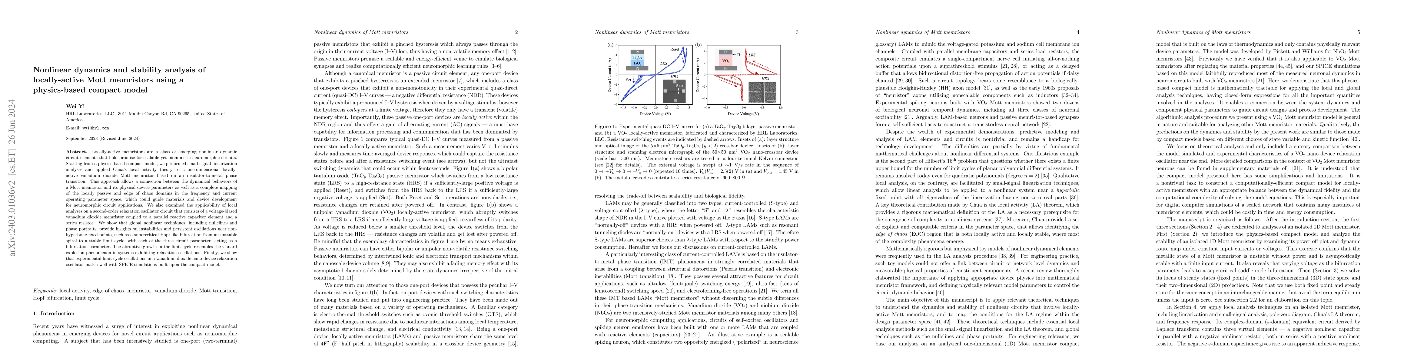 Thumbnail for Nonlinear dynamics and stability analysis of locally-active Mott
  memristors using a physics-based compact model