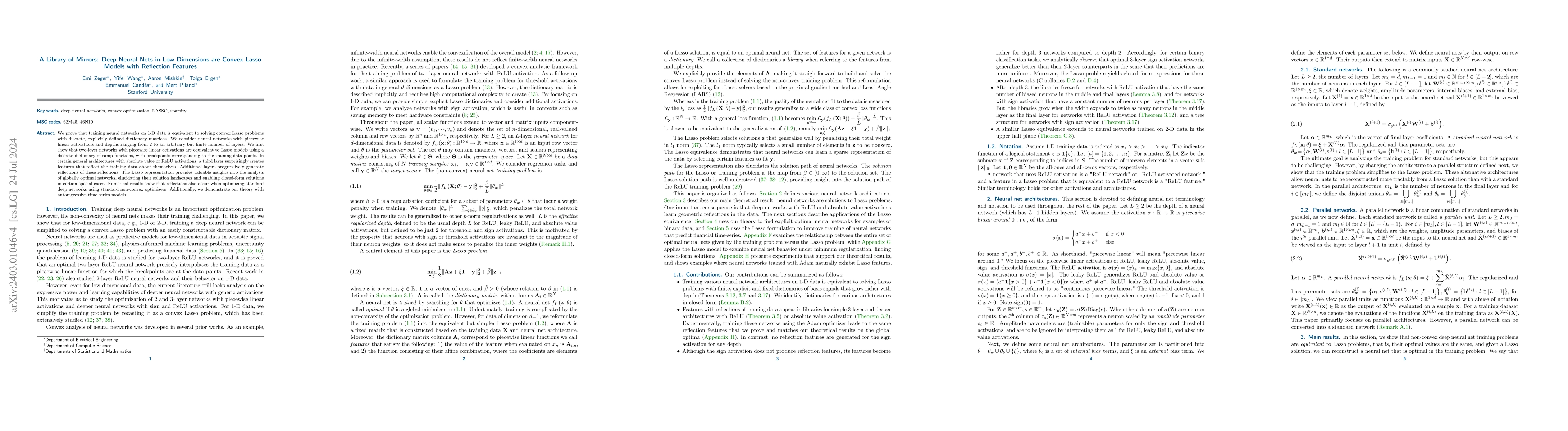 Thumbnail for A Library of Mirrors: Deep Neural Nets in Low Dimensions are Convex
  Lasso Models with Reflection Features