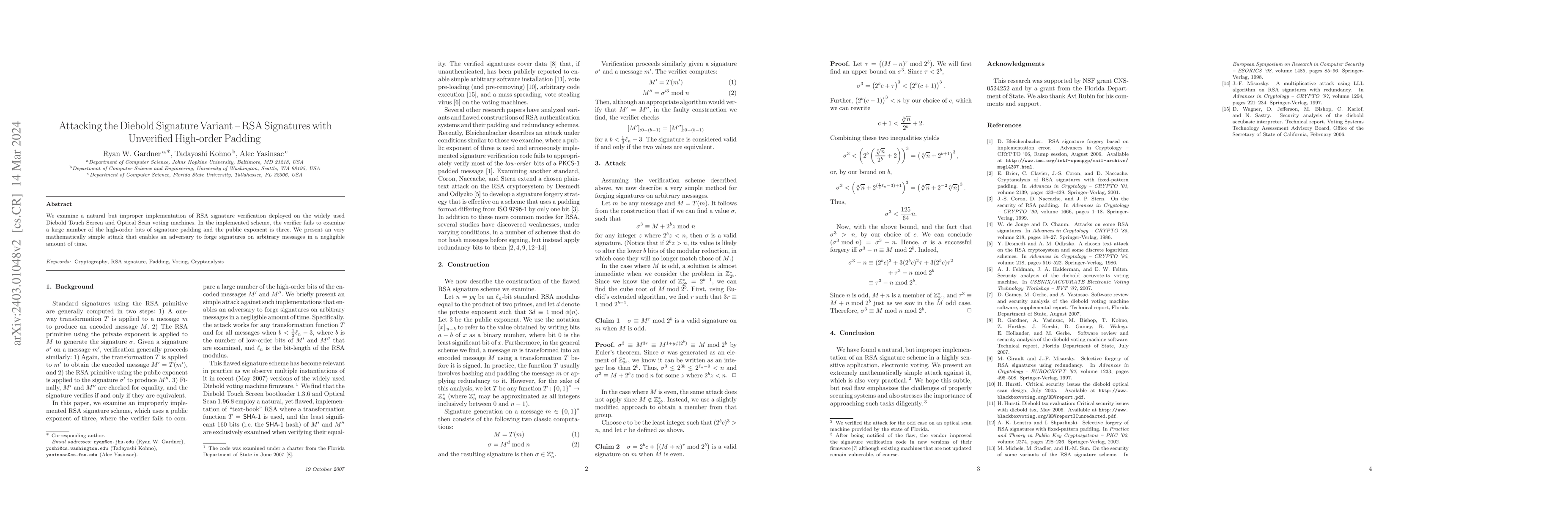 Thumbnail for Attacking the Diebold Signature Variant -- RSA Signatures with
  Unverified High-order Padding