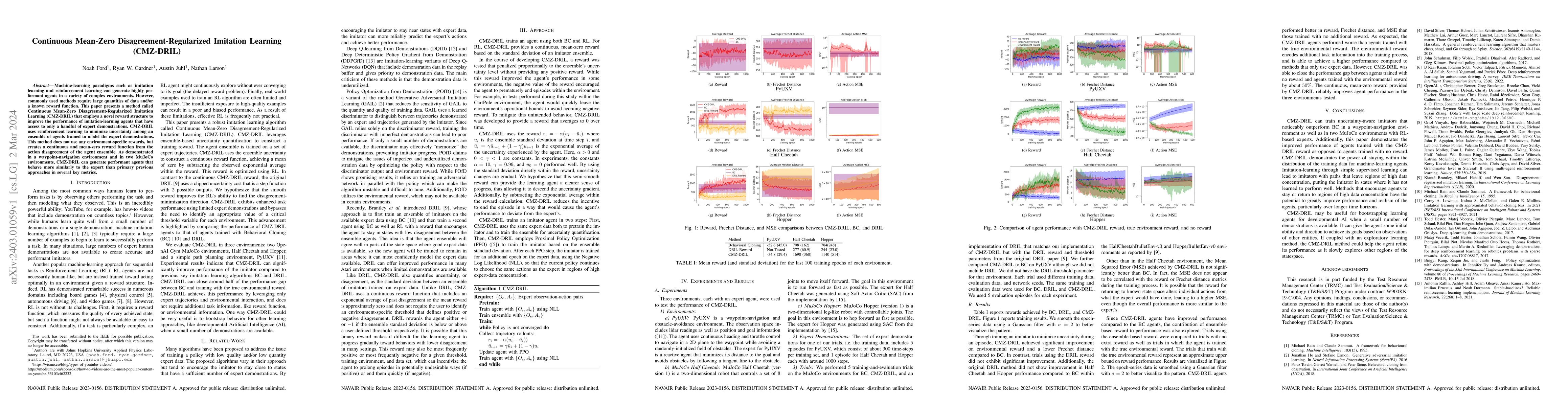Thumbnail for Continuous Mean-Zero Disagreement-Regularized Imitation Learning
  (CMZ-DRIL)