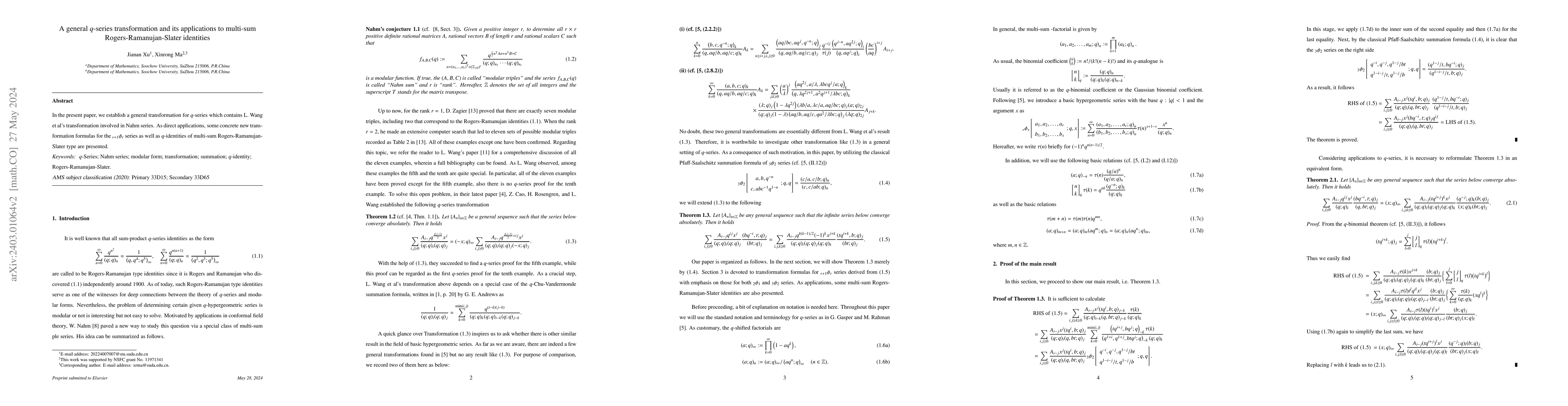 Thumbnail for A general $q$-series transformation and its applications to multi-sum
  Rogers-Ramanujan-Slater identities