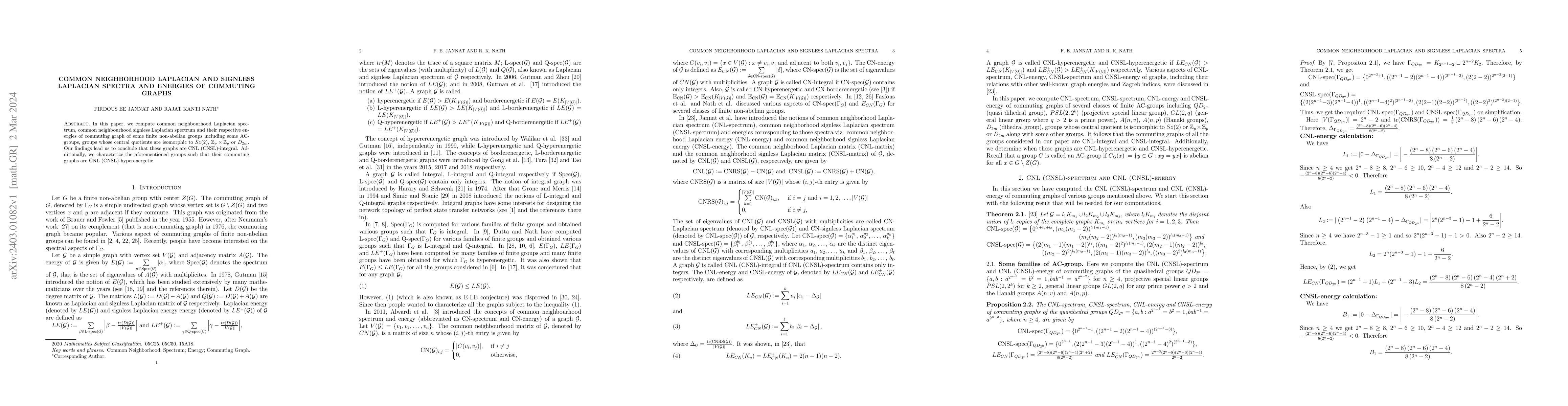 Thumbnail for Common neighborhood Laplacian and signless Laplacian spectra and
  energies of commuting graphs