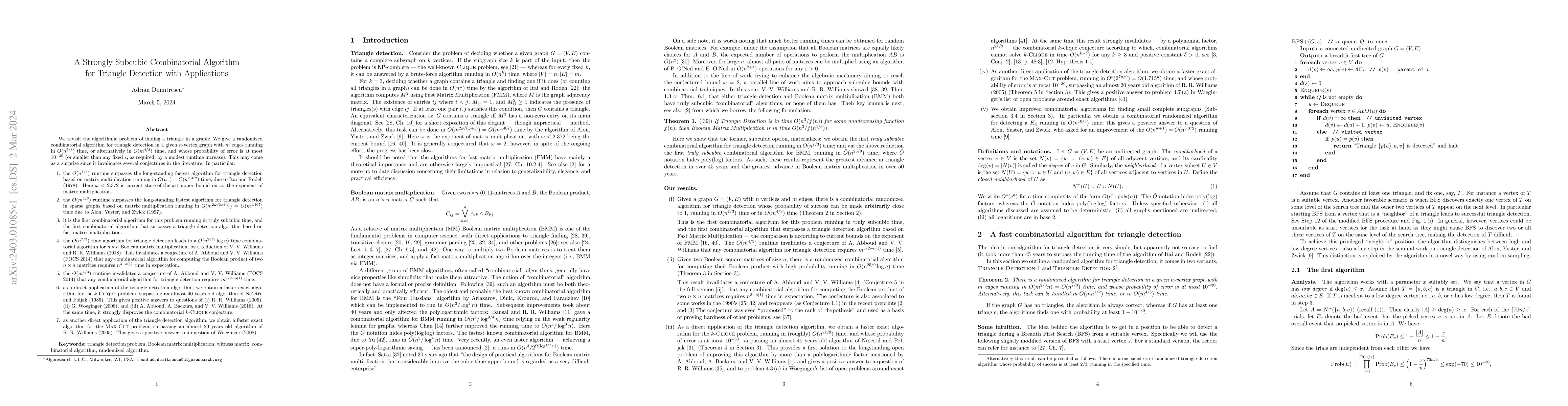 Thumbnail for A Strongly Subcubic Combinatorial Algorithm for Triangle Detection with
  Applications