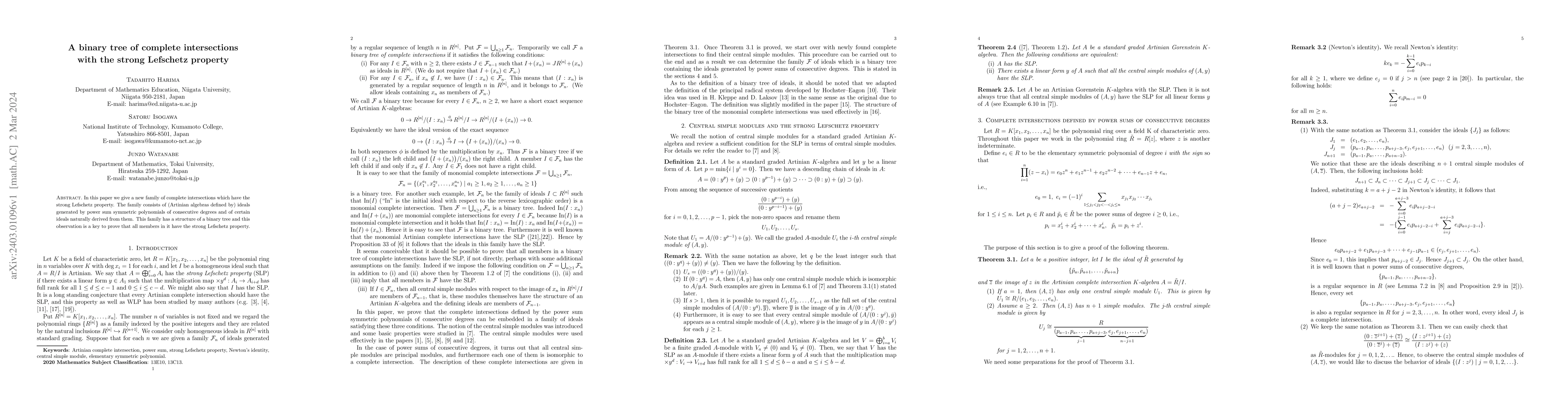 Thumbnail for A binary tree of complete intersections with the strong Lefschetz
  property