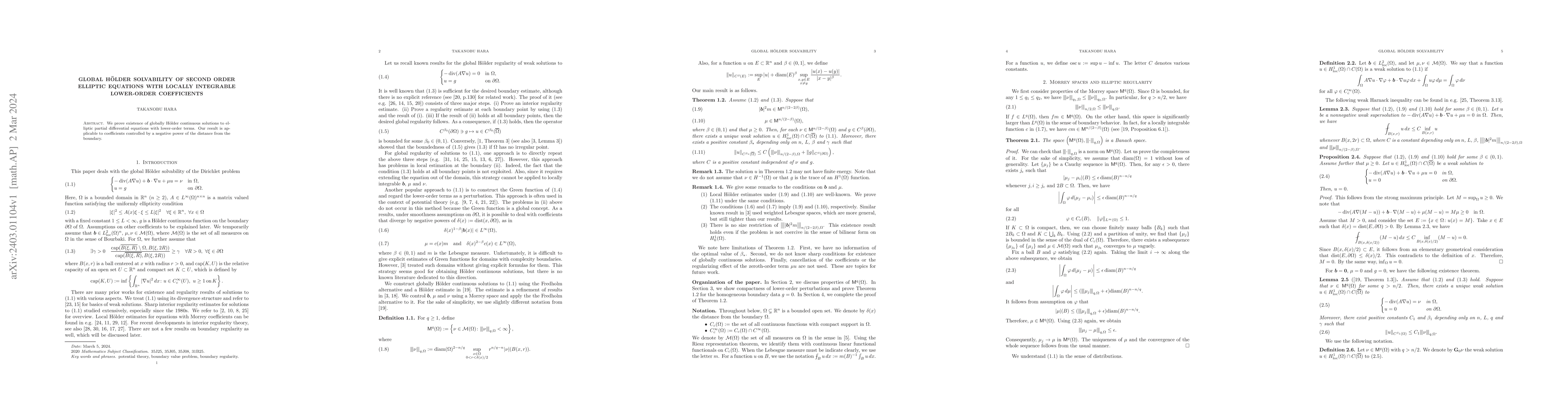 Thumbnail for Global H\"{o}lder solvability of second order elliptic equations with
  locally integrable lower-order coefficients