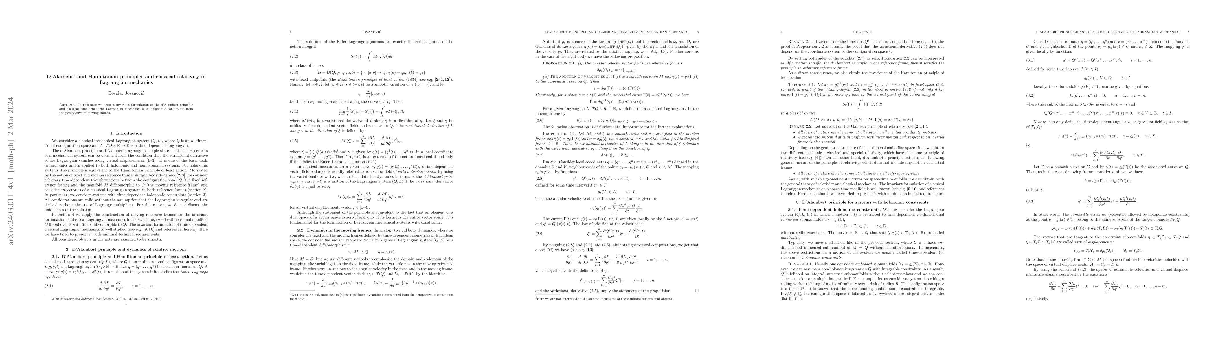 Thumbnail for D'Alamebrt and Hamiltonian principles and classical relativity in
  Lagrangian mechanics