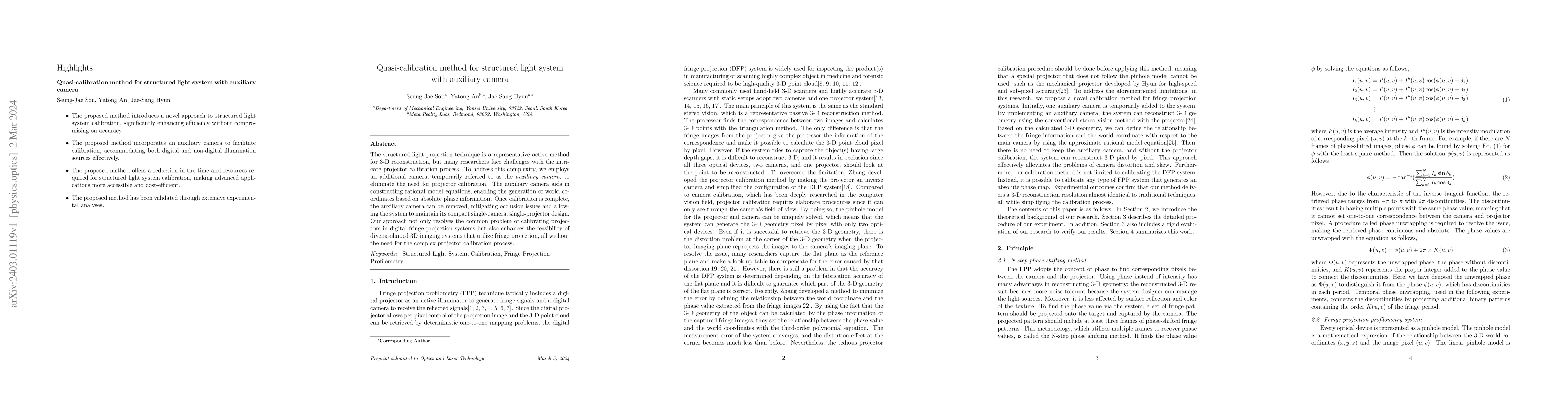 Thumbnail for Quasi-calibration method for structured light system with auxiliary
  camera