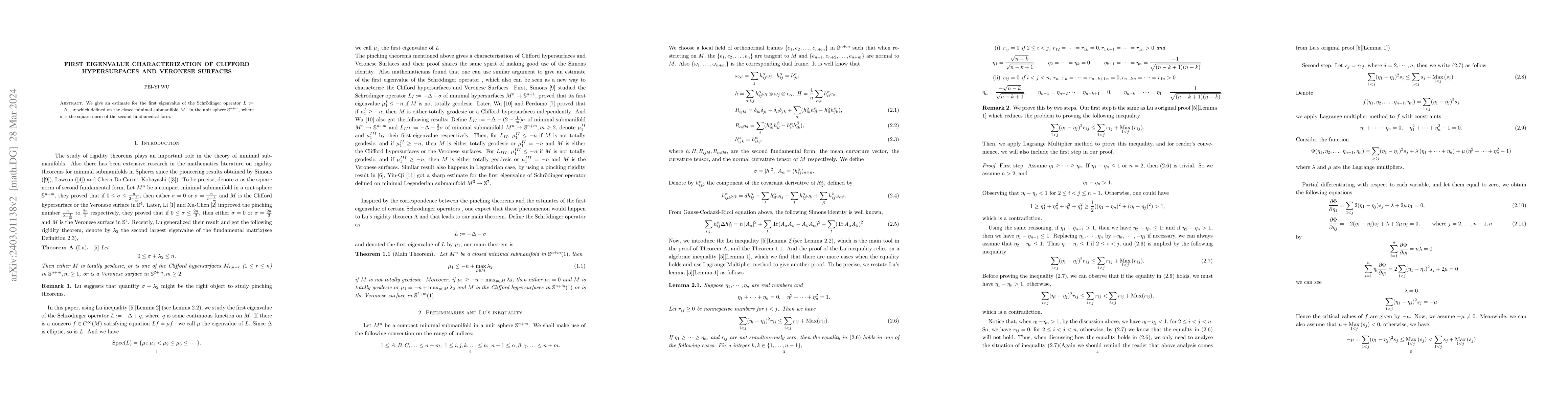 Thumbnail for First eigenvalue characterization of Clifford hypersurfaces and Veronese
  surface
