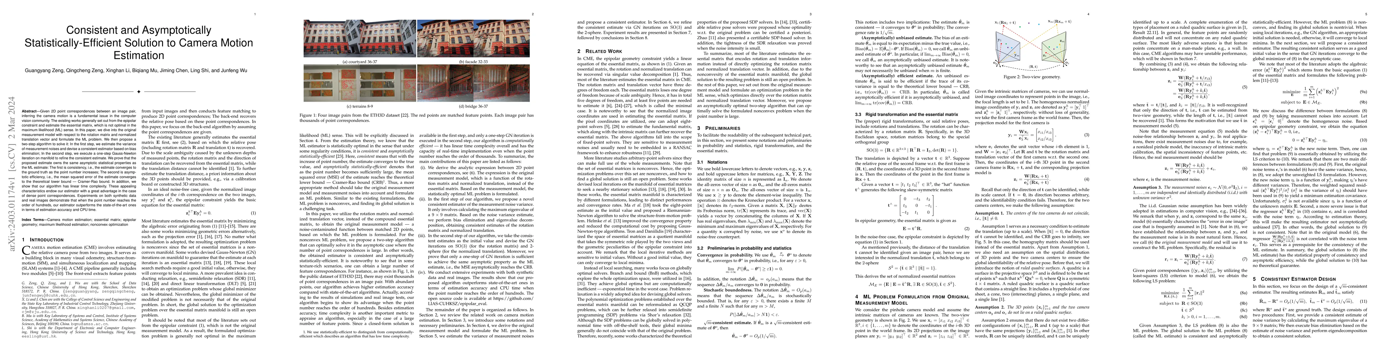 Thumbnail for Consistent and Asymptotically Statistically-Efficient Solution to Camera
  Motion Estimation