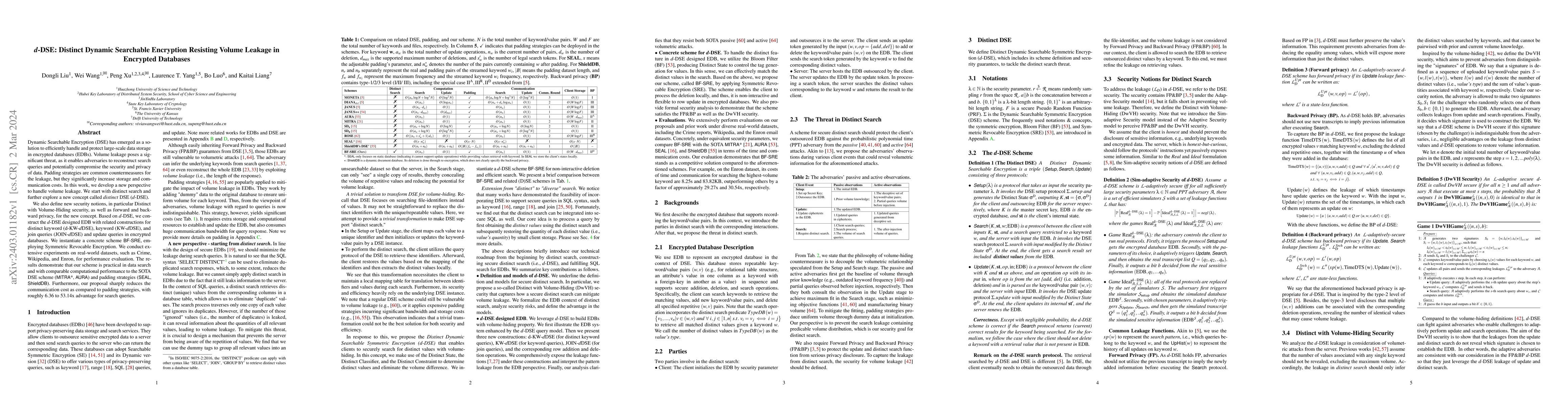 Thumbnail for d-DSE: Distinct Dynamic Searchable Encryption Resisting Volume Leakage
  in Encrypted Databases