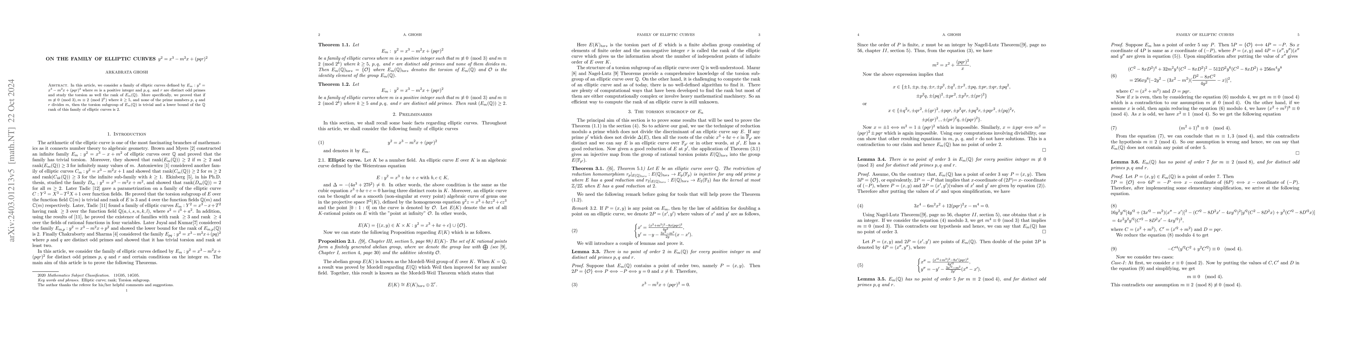 Thumbnail for On the family of elliptic curves $y^2=x^3-m^2x + (pqr)^2$