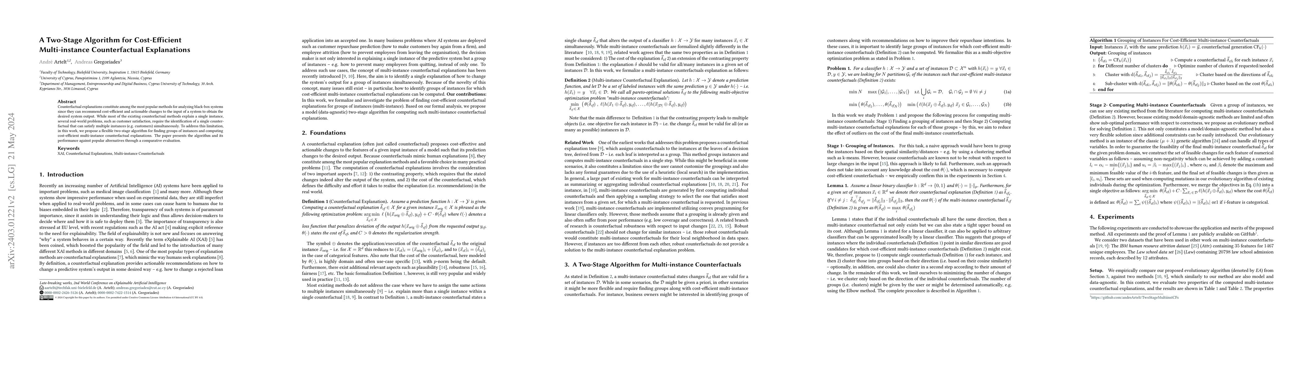 Thumbnail for A Two-Stage Algorithm for Cost-Efficient Multi-instance Counterfactual
  Explanations
