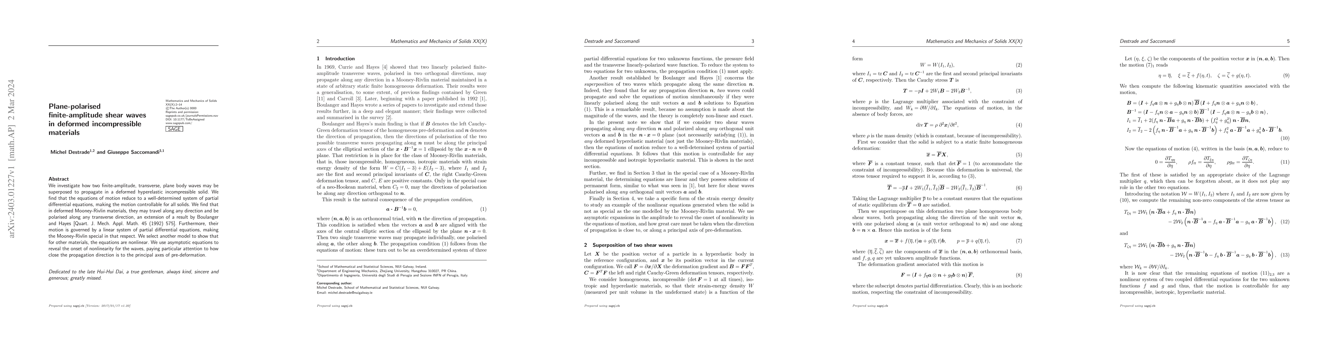 Thumbnail for Plane-polarised finite-amplitude shear waves in deformed incompressible
  materials