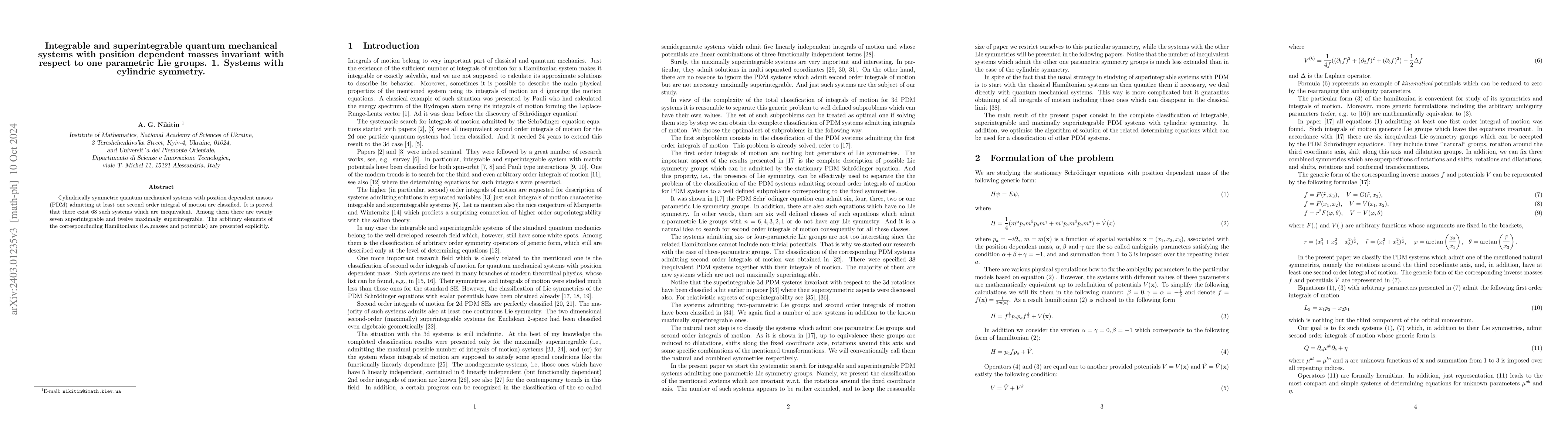 Thumbnail for Integrable and superintegrable quantum mechanical systems with position
  dependent masses invariant with respect to one parametric Lie groups. 1.
  Systems with cylindric symmetry