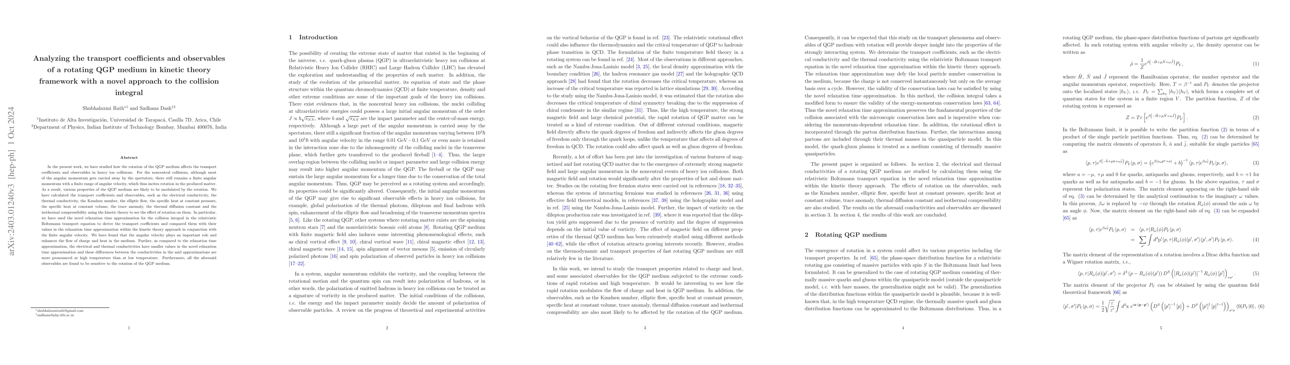 Thumbnail for Analyzing the transport coefficients and observables of a rotating QGP
  medium in kinetic theory framework with a novel approach to the collision
  integral