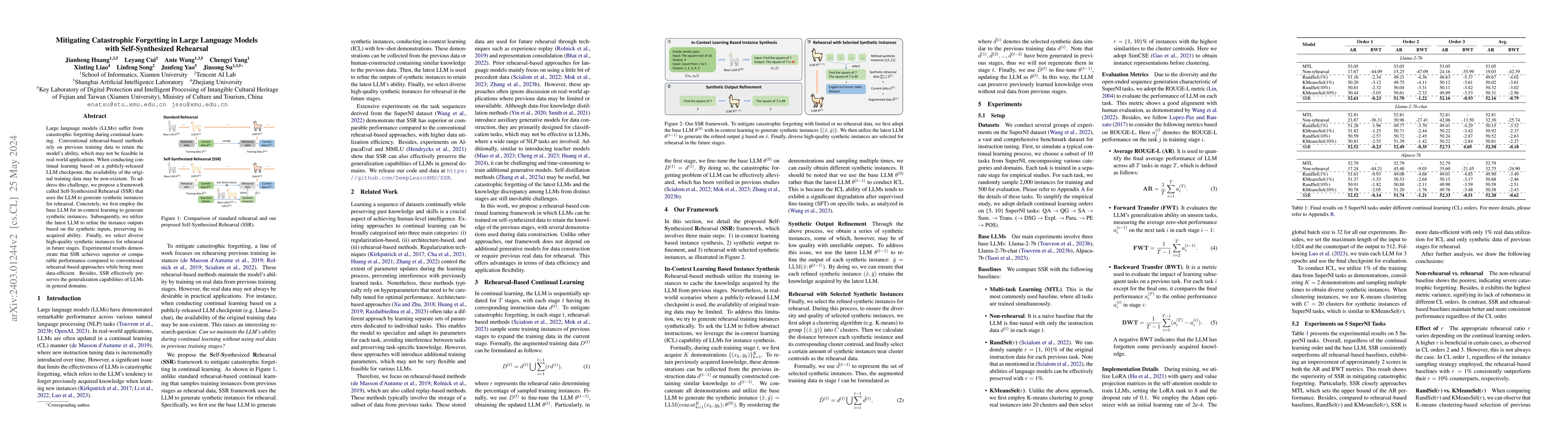 Thumbnail for Mitigating Catastrophic Forgetting in Large Language Models with
  Self-Synthesized Rehearsal