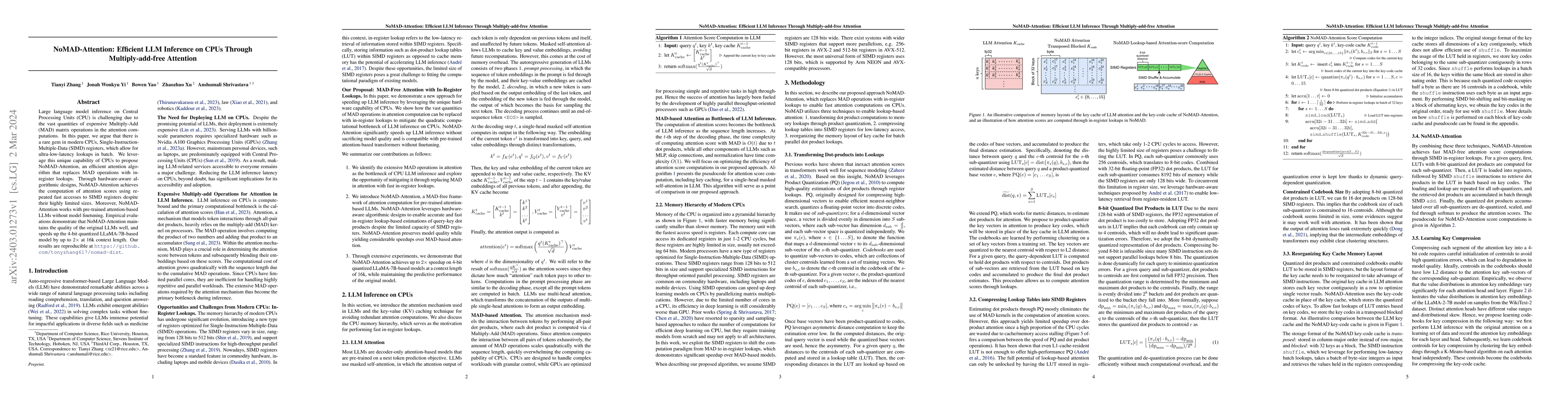 Thumbnail for NoMAD-Attention: Efficient LLM Inference on CPUs Through
  Multiply-add-free Attention