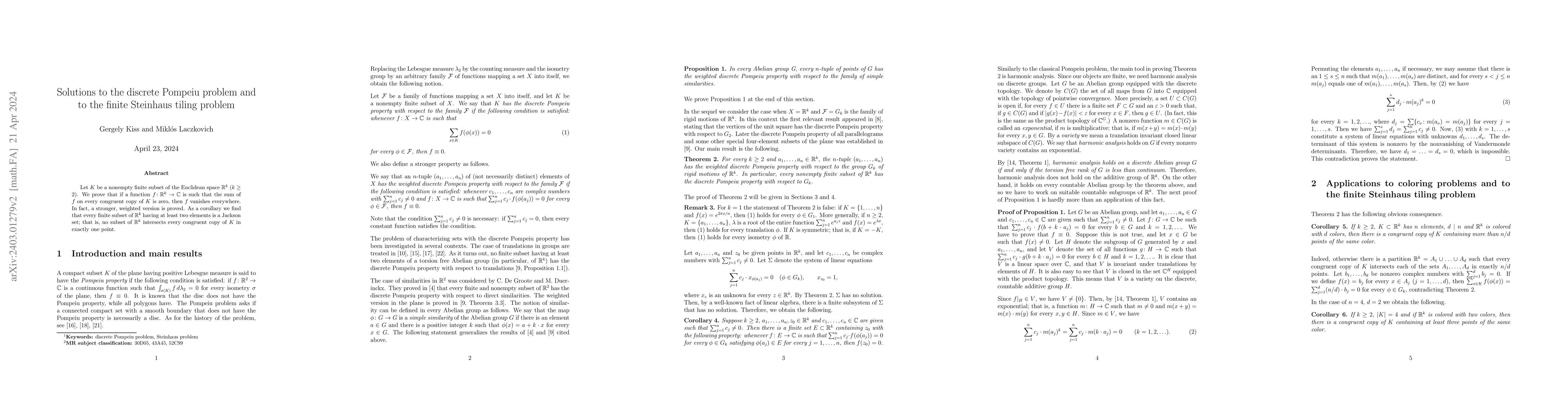 Thumbnail for Solutions to the discrete Pompeiu problem and to the finite Steinhaus
  tiling problem