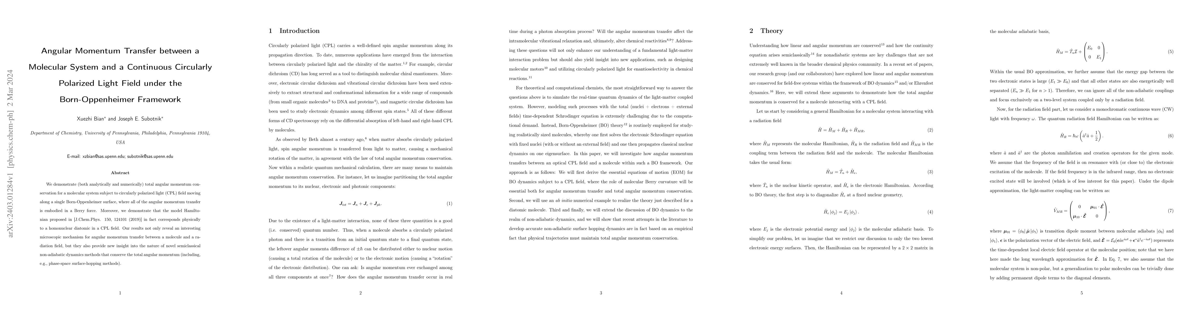 Thumbnail for Angular Momentum Transfer between a Molecular System and a Continuous
  Circularly Polarized Light Field under the Born-Oppenheimer Framework
