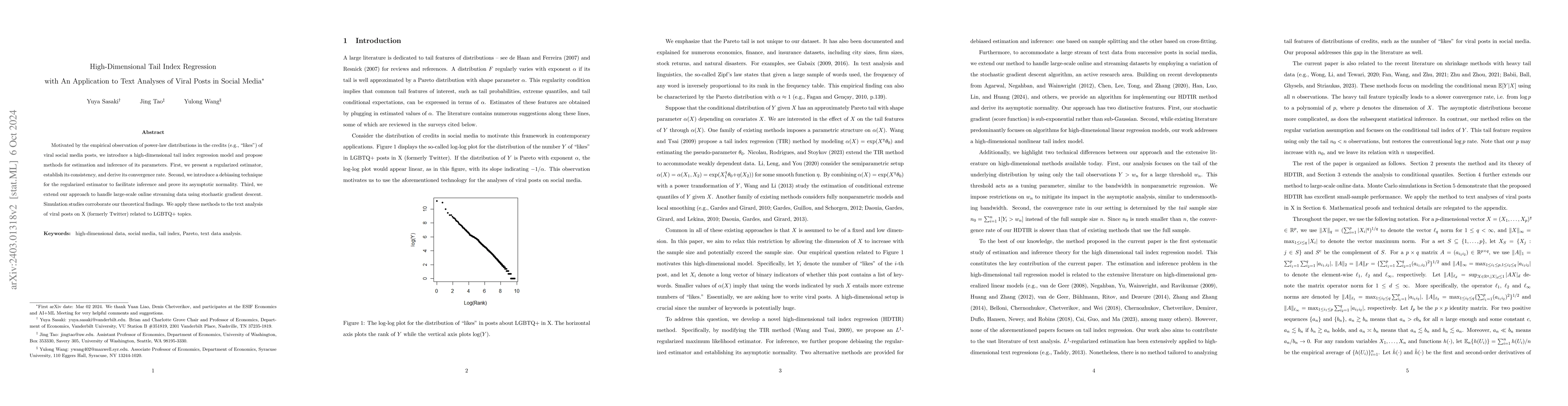 Thumbnail for High-Dimensional Tail Index Regression: with An Application to Text
  Analyses of Viral Posts in Social Media