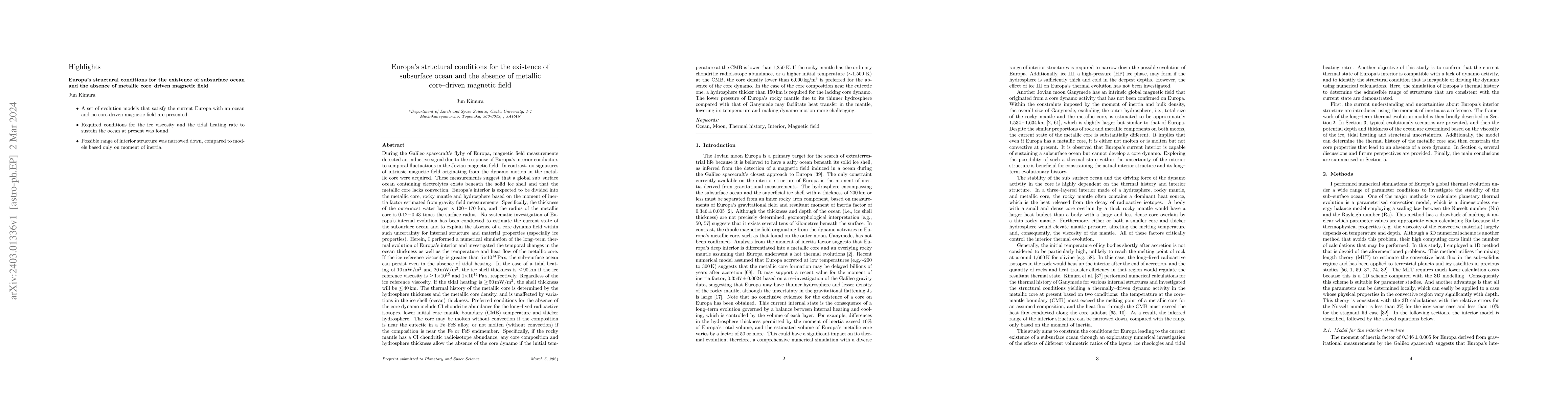 Thumbnail for Europa's structural conditions for the existence of subsurface ocean and
  the absence of metallic core-driven magnetic field