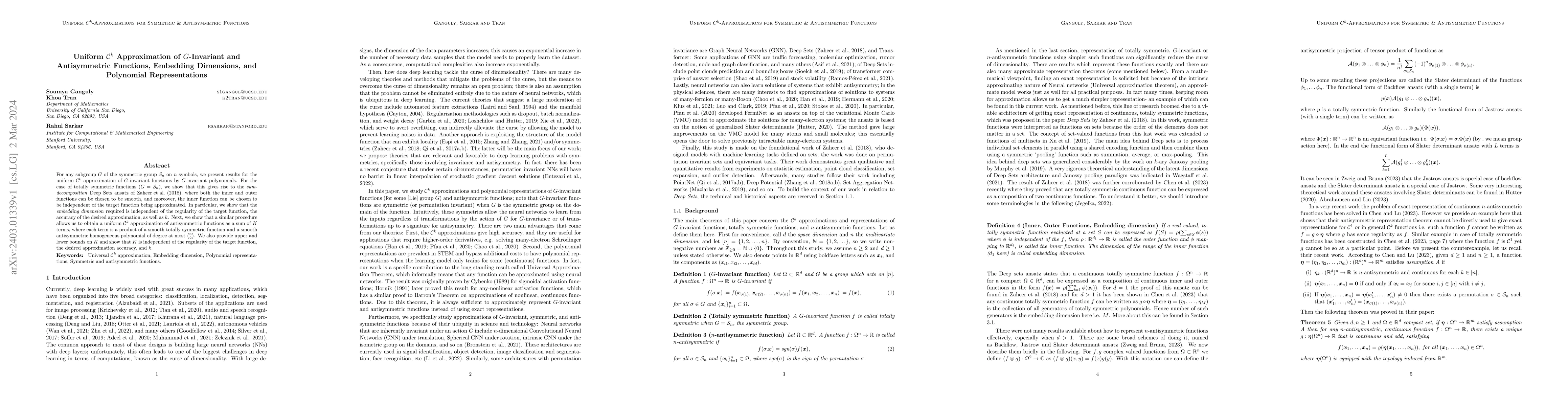 Thumbnail for Uniform $\mathcal{C}^k$ Approximation of $G$-Invariant and Antisymmetric
  Functions, Embedding Dimensions, and Polynomial Representations