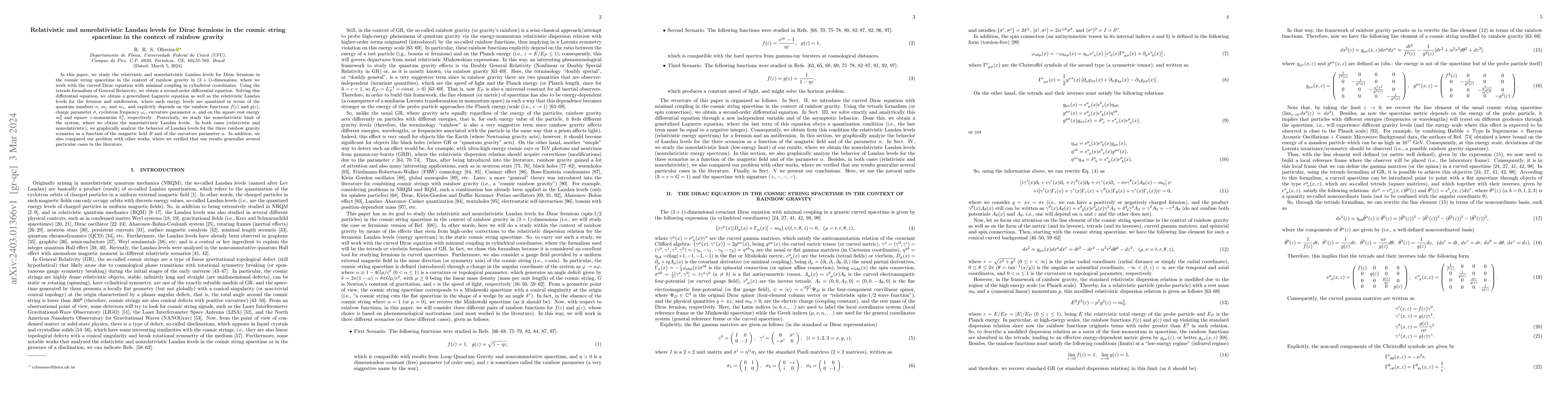Thumbnail for Relativistic and nonrelativistic Landau levels for Dirac fermions in the
  cosmic string spacetime in the context of rainbow gravity