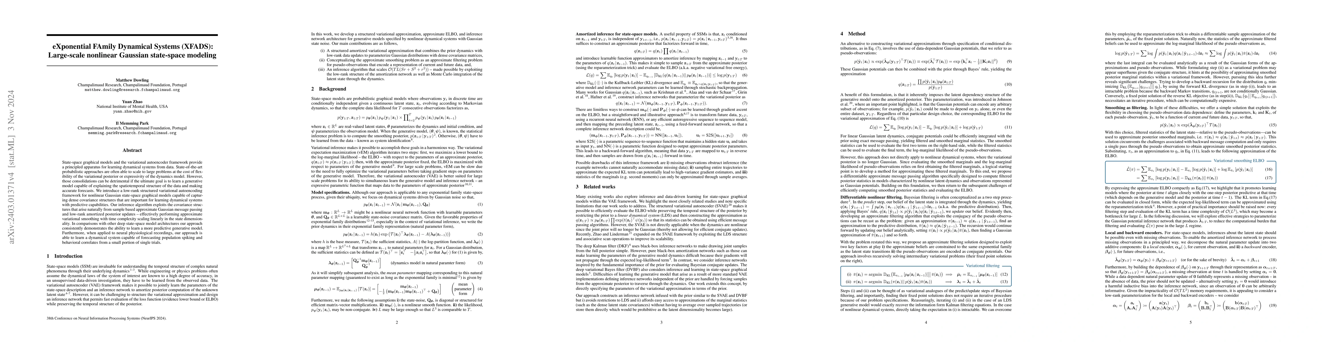 Thumbnail for eXponential FAmily Dynamical Systems (XFADS): Large-scale nonlinear
  Gaussian state-space modeling
