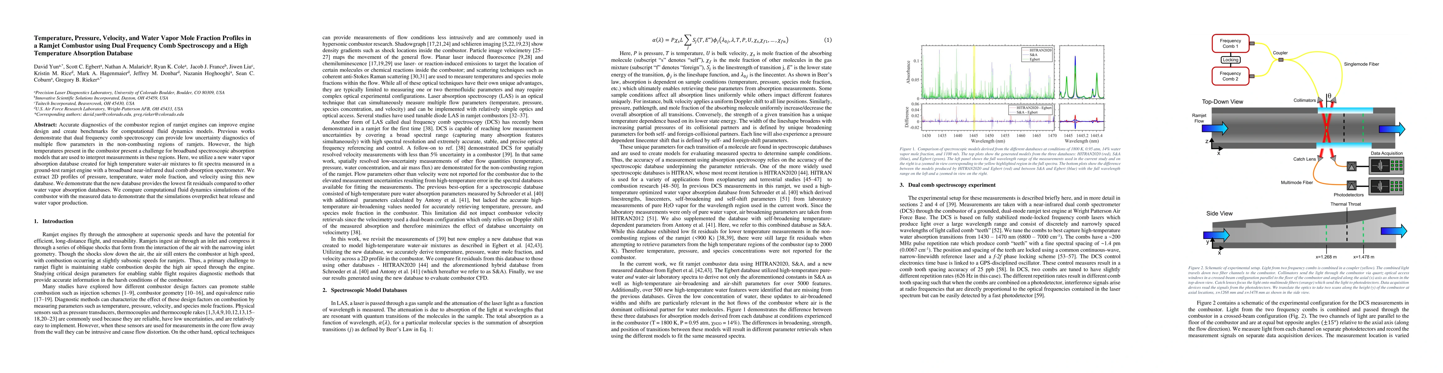 Thumbnail for Temperature, Pressure, Velocity, and Water Vapor Mole Fraction Profiles
  in a Ramjet Combustor using Dual Frequency Comb Spectroscopy and a High
  Temperature Absorption Database