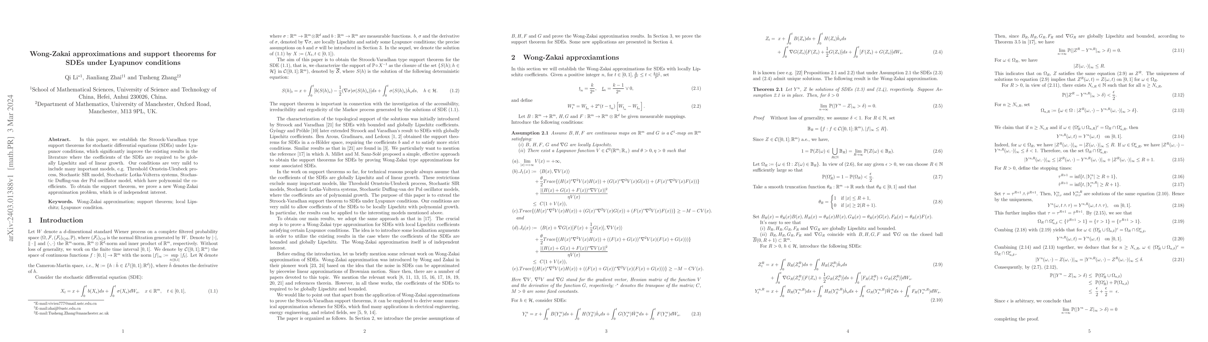 Thumbnail for Wong-Zakai approximations and support theorems for SDEs under Lyapunov
  conditions