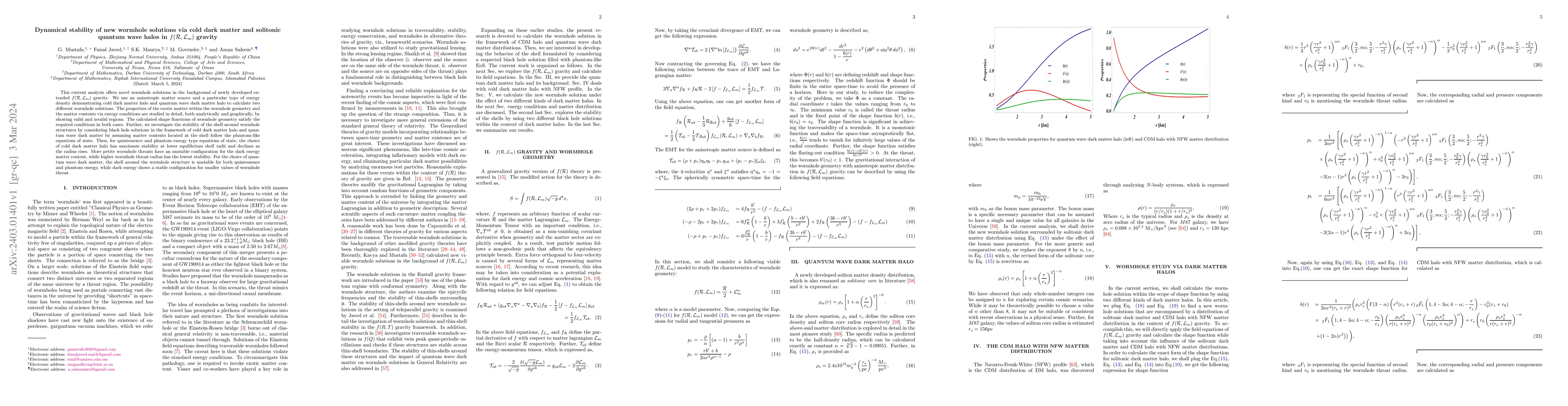 Thumbnail for Dynamical stability of new wormhole solutions via cold dark matter and
  solitonic quantum wave halos in $f(\mathcal{R},\mathcal{L}_m)$ gravity