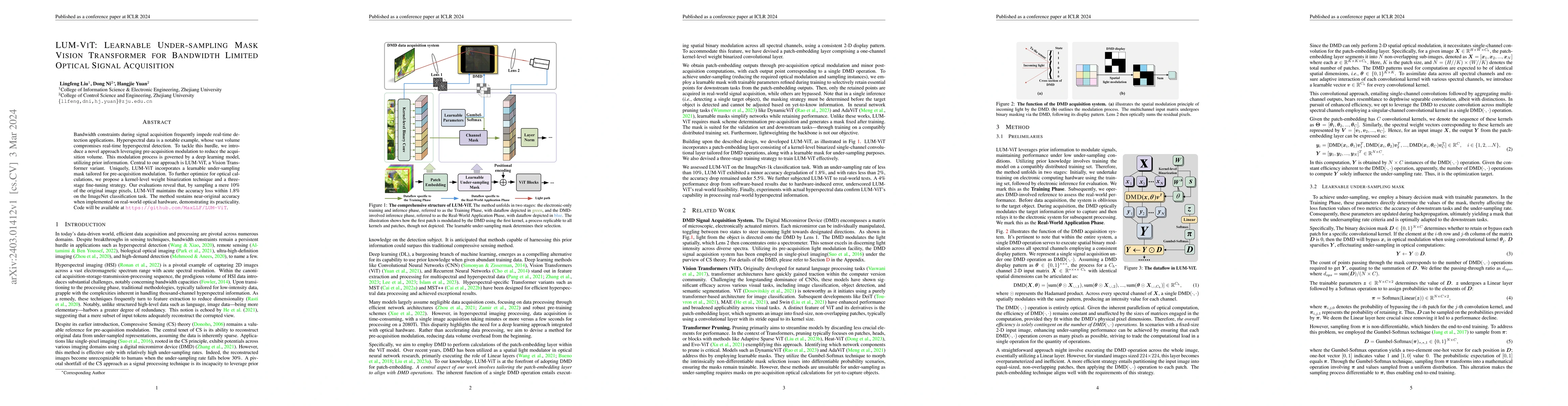 Thumbnail for LUM-ViT: Learnable Under-sampling Mask Vision Transformer for Bandwidth
  Limited Optical Signal Acquisition