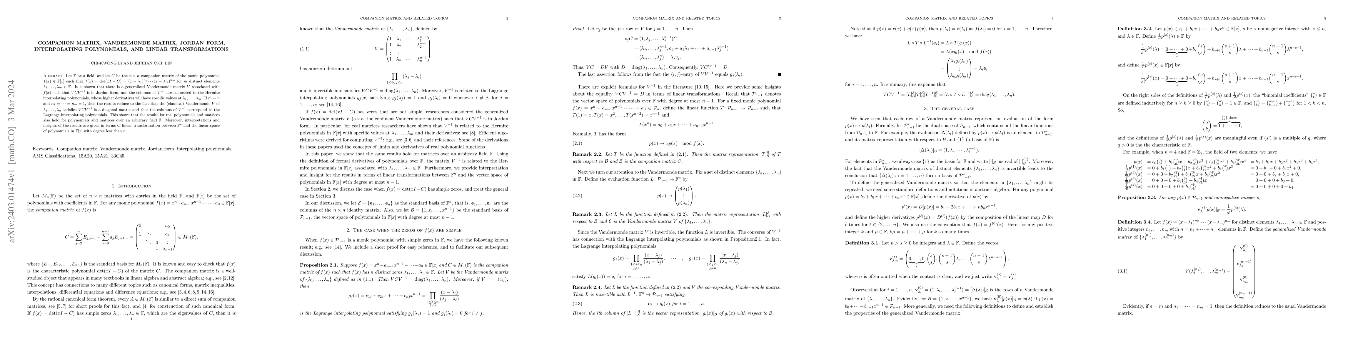 Thumbnail for Companion matrix, Vandermonde matrix, Jordan form, Interpolating
  Polynomials, and Linear Transformations