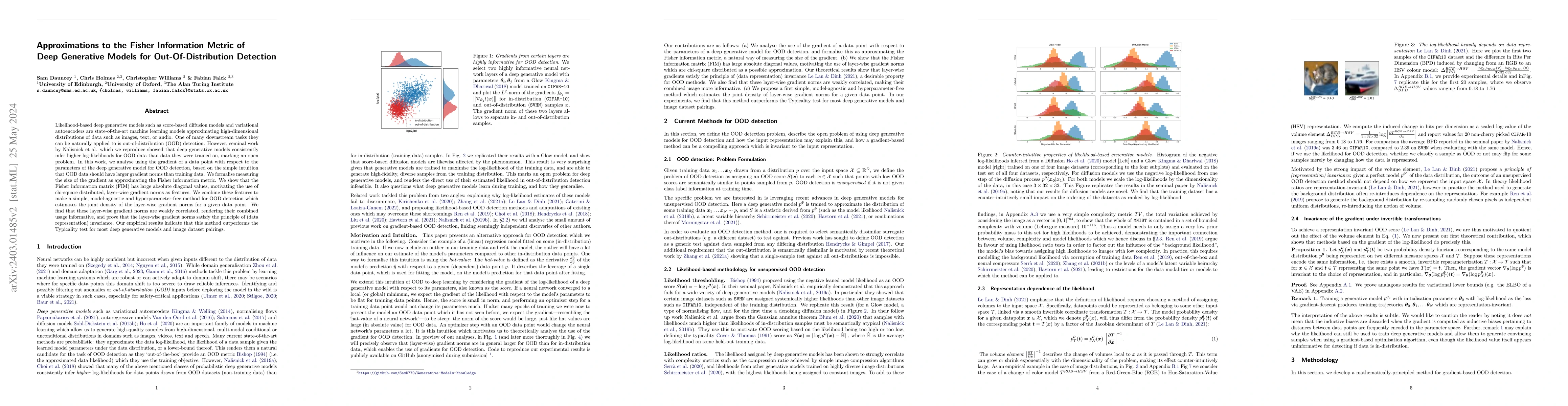 Thumbnail for Approximations to the Fisher Information Metric of Deep Generative
  Models for Out-Of-Distribution Detection